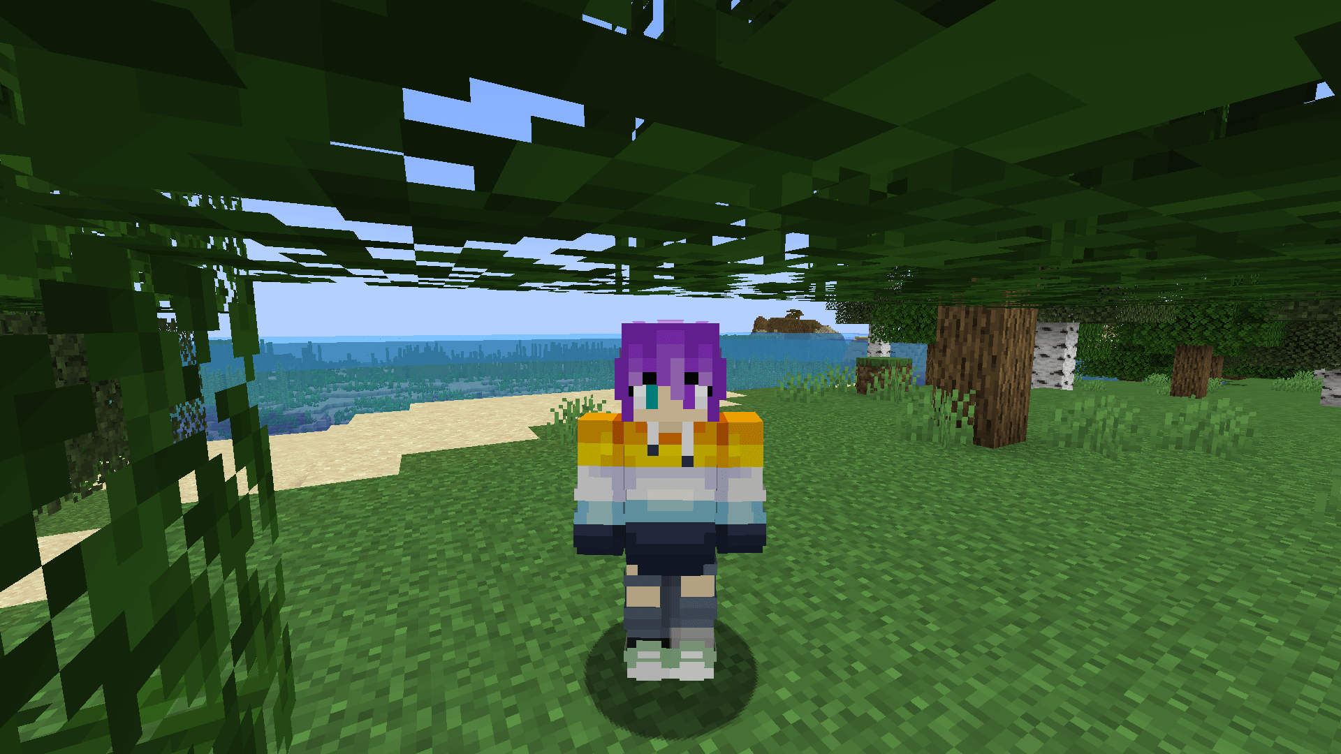 A Minecraft player character standing under a tree