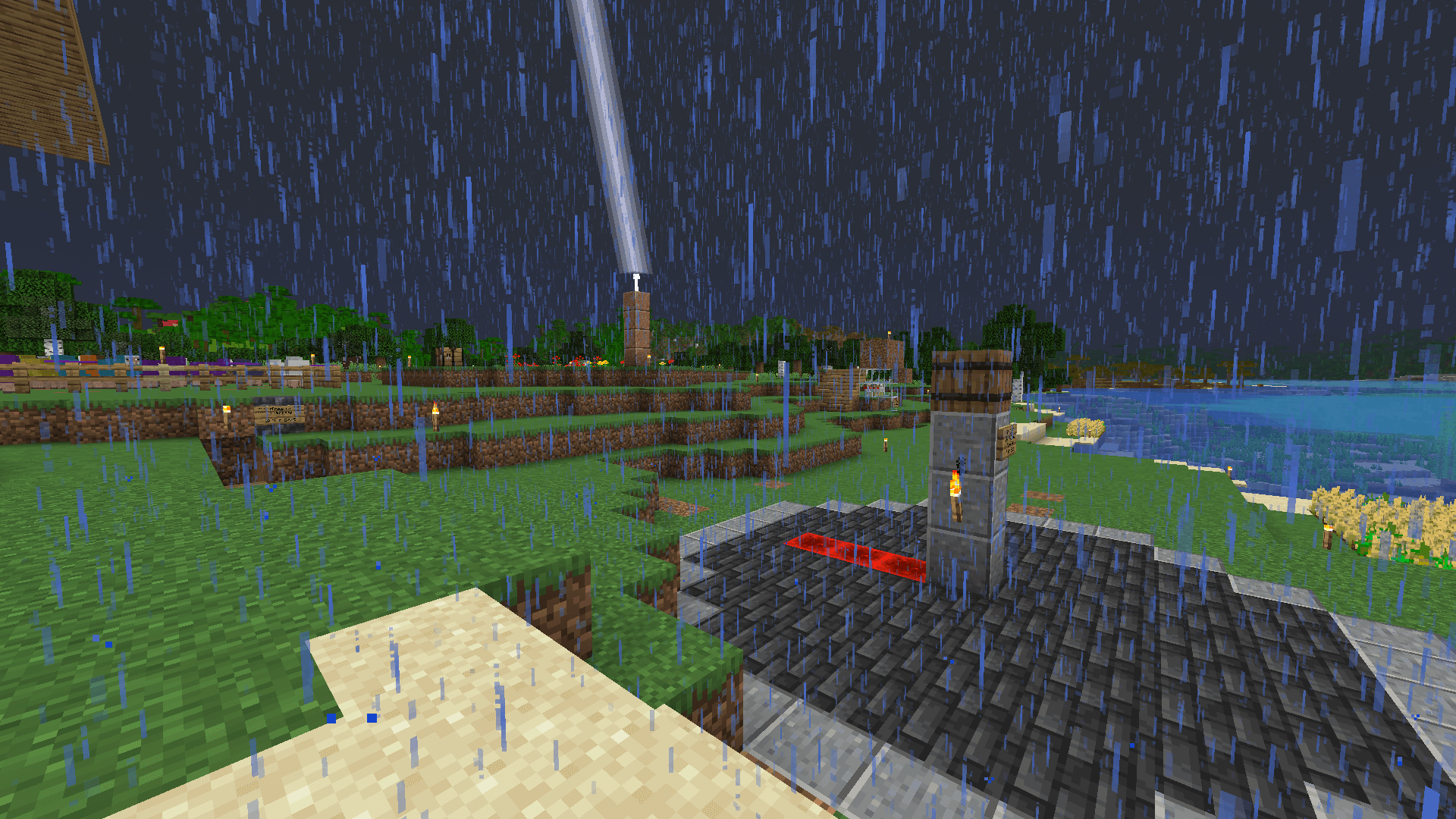 So, this compass points north, but other compasses will point to this compass. Ahh, videogame logic! A tiled floor resembling a Minecraft compass. Lightning strikes in the background.