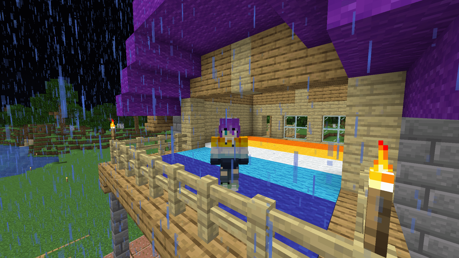 Home sweet starter home 💜 A two-storey house. Upstairs is carpeted in the colours of the aroace pride flag.
