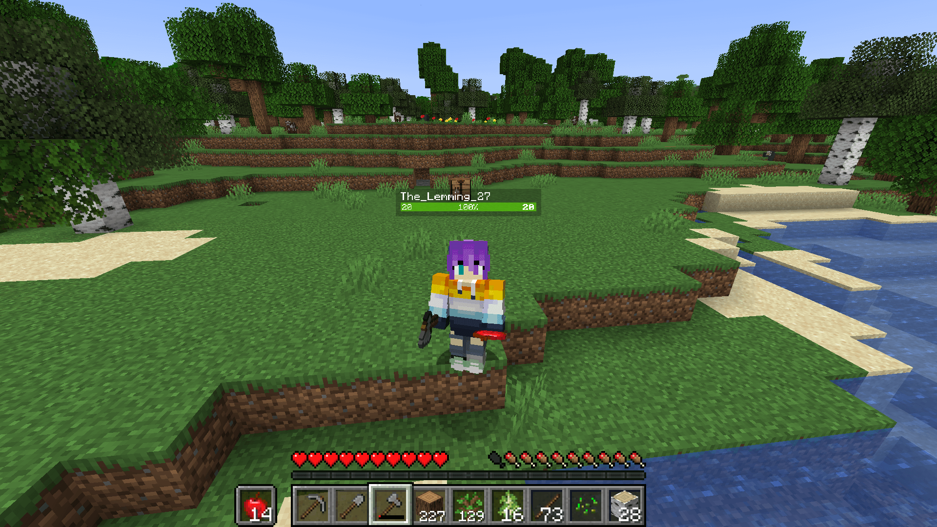 Confession time: I forgot to take a screenshot here. This is a reenactment, lol. A Minecraft player stands in front of a forest. In their hotbar is a stack of 227 logs.