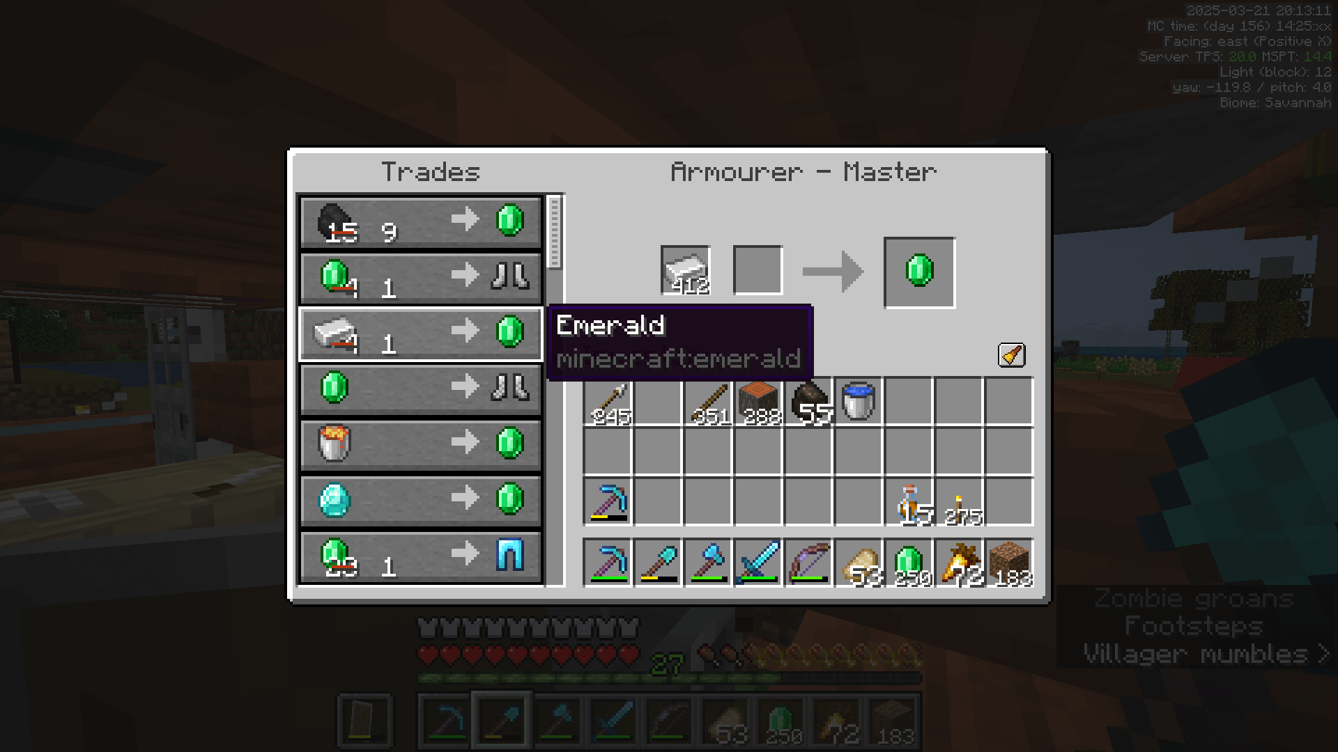 Crashing the villager economy for fun and profit. The Armorer villager GUI showing discounts on trades.
