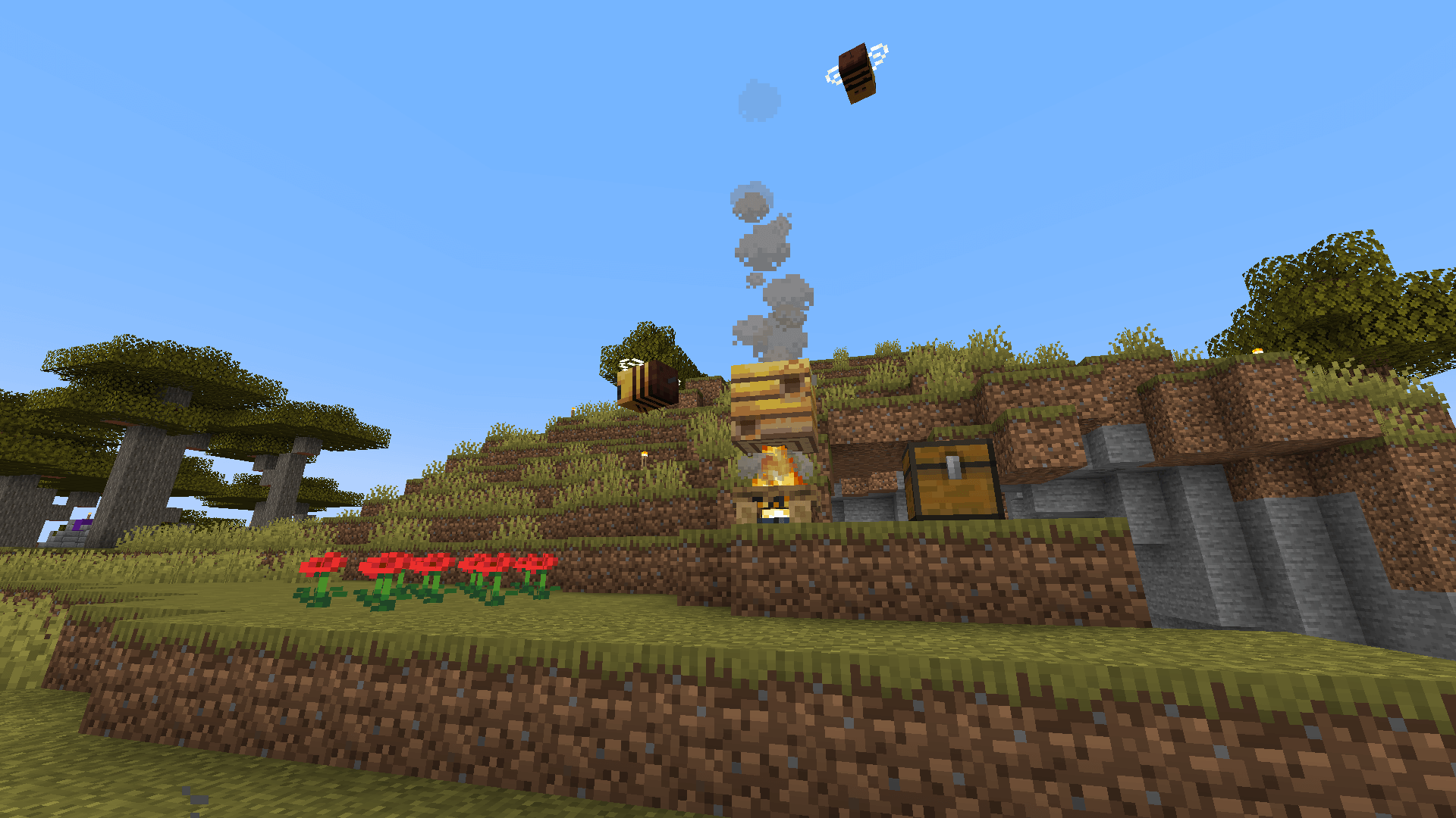 Honey, I – hold your horses, this isn't the bee farm post! A bee nest over a campfire with two bees flying nearby.