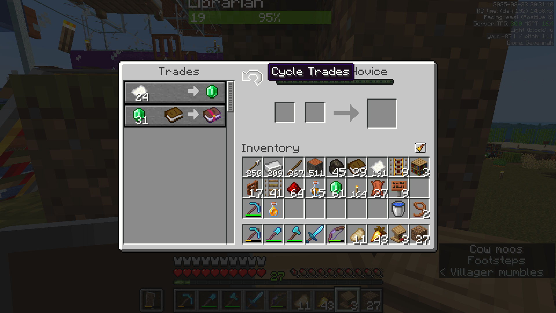 Breaking lecterns is a foal's errand. The Librarian trading GUI, showing a "Cycle Trades" button from a mod.