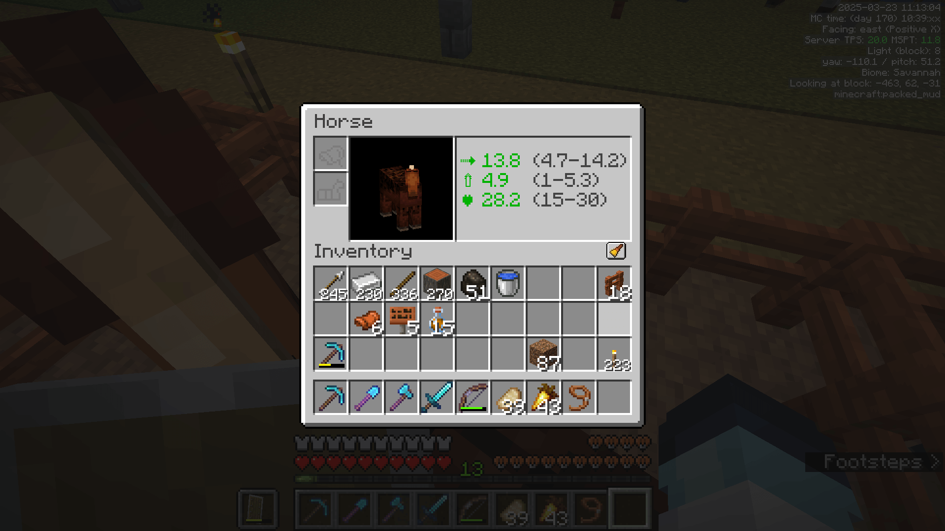 Maximum horsepower! A player inventory including the horse GUI and stats. This horse has a very high speed.
