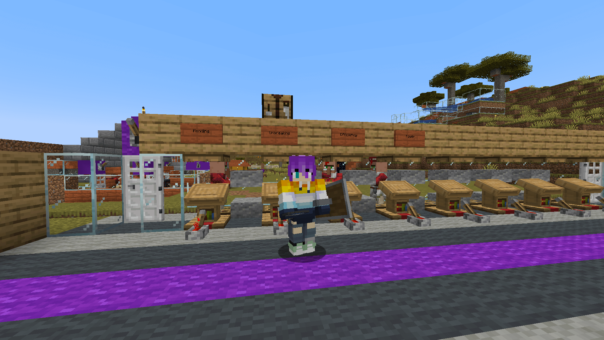 Pony up those emeralds, pardner! A Minecraft player stands in front of three librarian villagers.