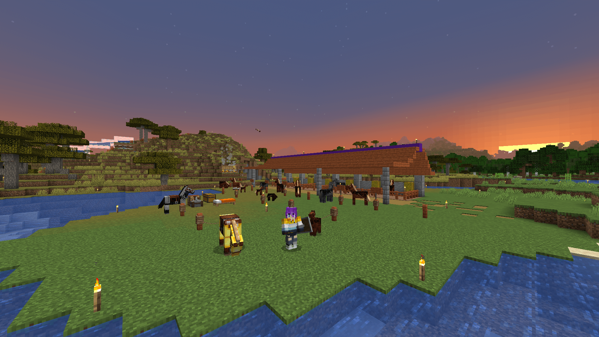 Go to sleep, Ela – it's pasture bedtime! A minecraft player stands in front of a horse stable, with several horses tied to posts out front.