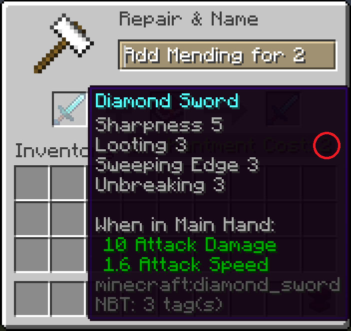 If you squint, you can see that it says 2 levels. By vanilla rules, it'd take anything from 3 to 17 depending how you added the books! An anvil GUI showing a sword with four enchantments already applied, but an enchanted book able to be added for only 2 levels.