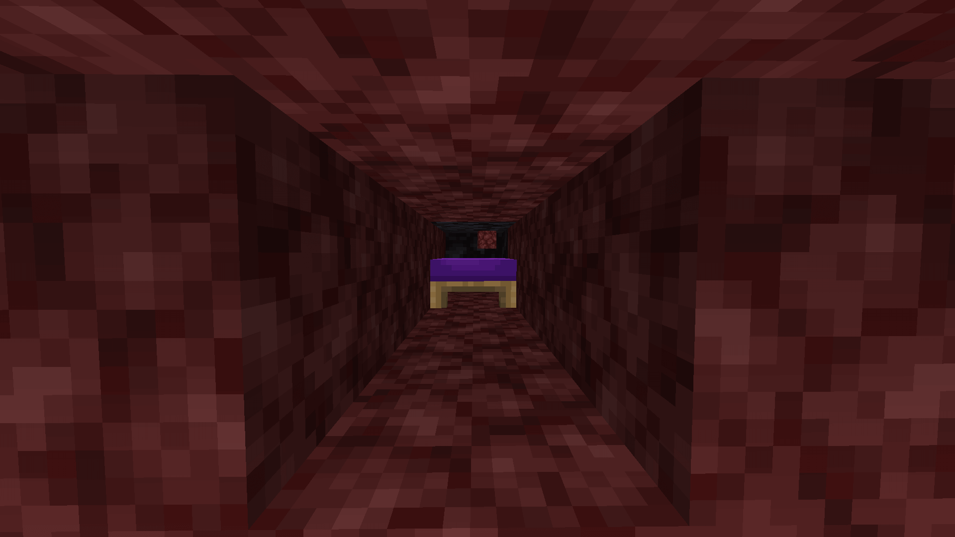 I'm suddenly feeling sleepy. How about I make a cosy little tunnel and make my bed here :3 A purple bed in a small netherrack tunnel.