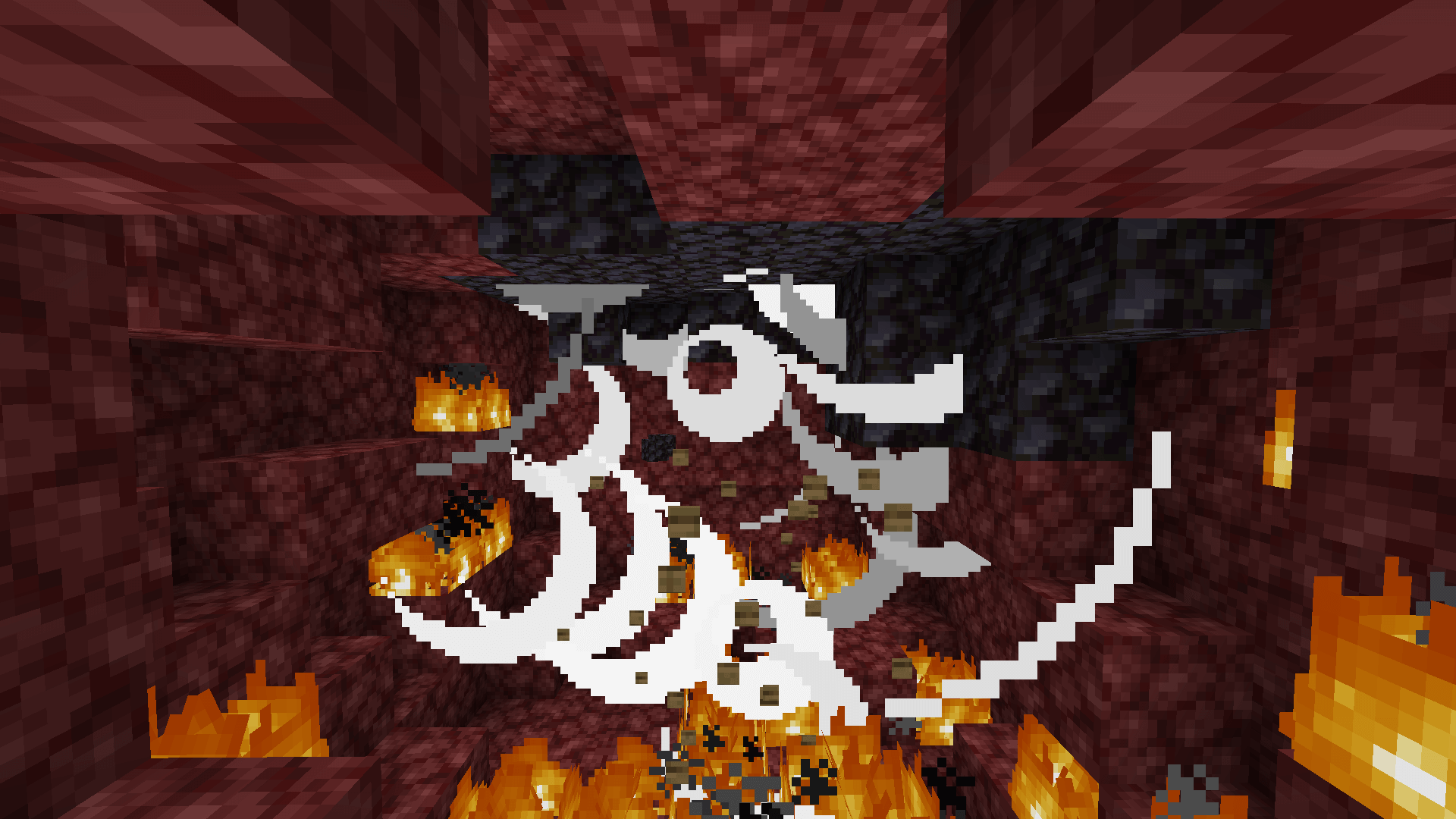 WAKE UP! GRAB A BED AND CAUSE A NETHER SHAKE UP! A large explosion in an enclosed space in the nether, revealing some blackstone and setting fire to the floor.