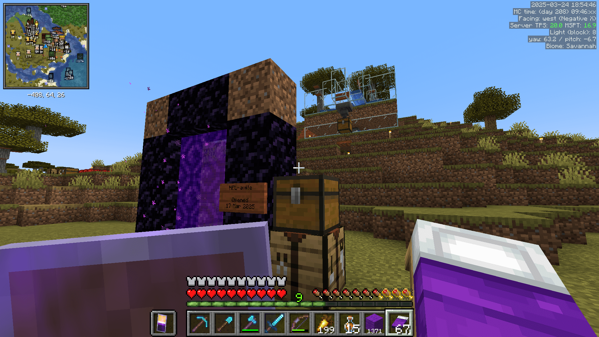 A nether portal with a wool farm behind. The player's hotbar contains a large amount of beds and wool.