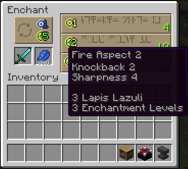 "What does the scouter say about its enchanting power?" "It's OVER 9000!" An enchanting table GUI showing a reroll button and three preview enchantments.