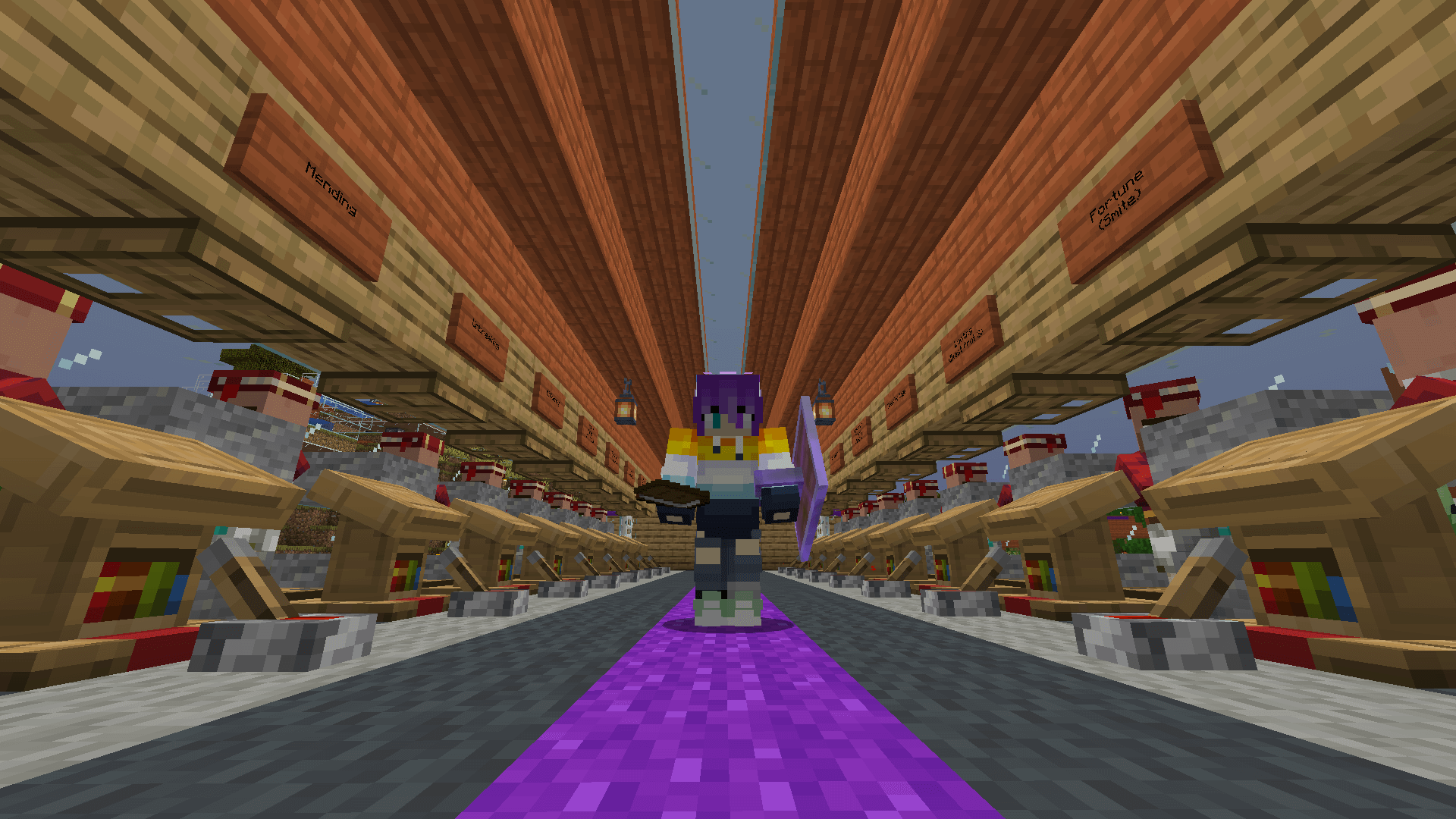Time to hit the books! A Minecraft player stands in a librarian villager trading hall, holding a book.