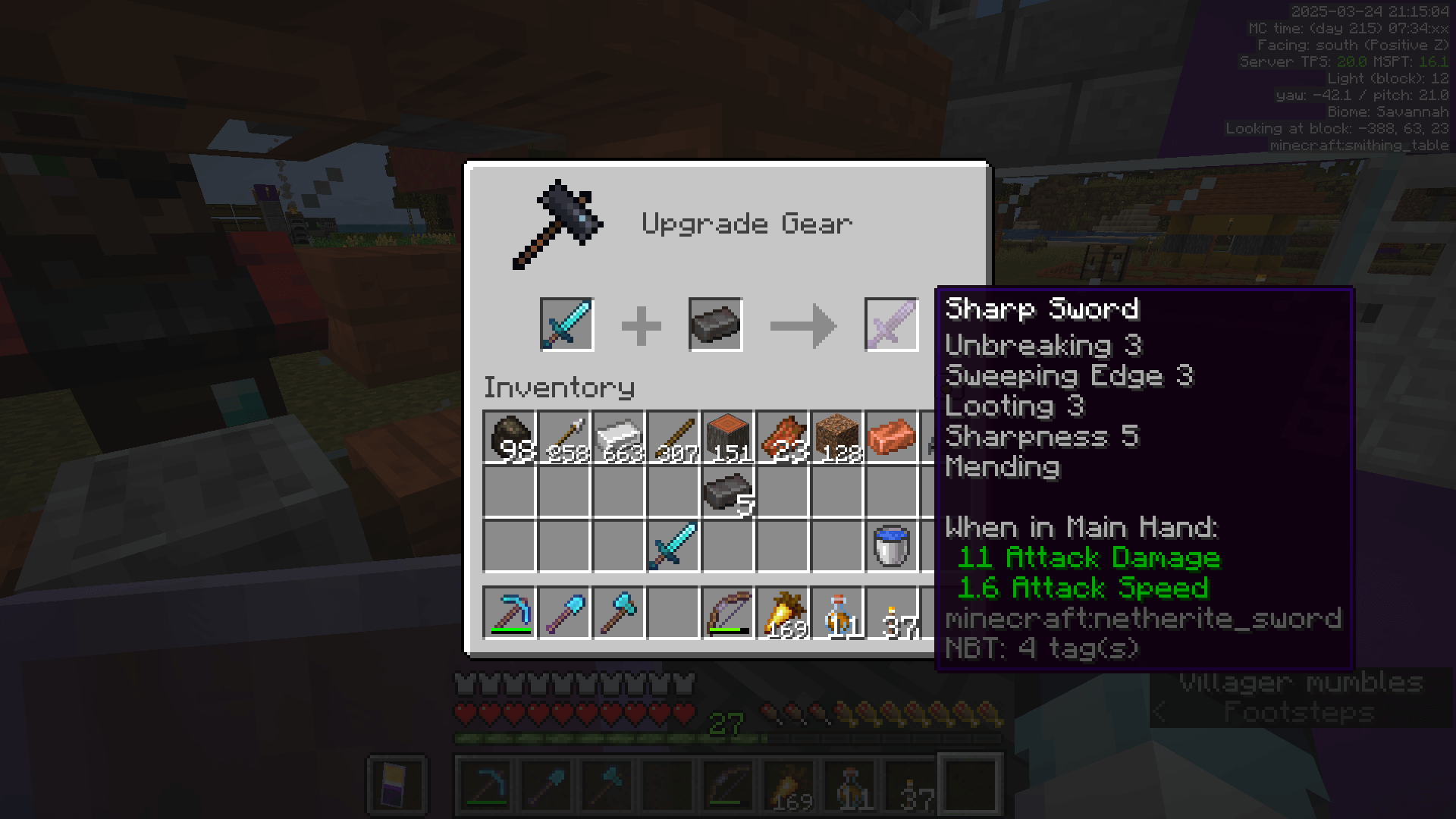 Template, shmemplate. What, do you think I forgot how to make these? The pre-1.20 smithing table GUI, showing a diamond sword being upgraded using a netherite ingot.