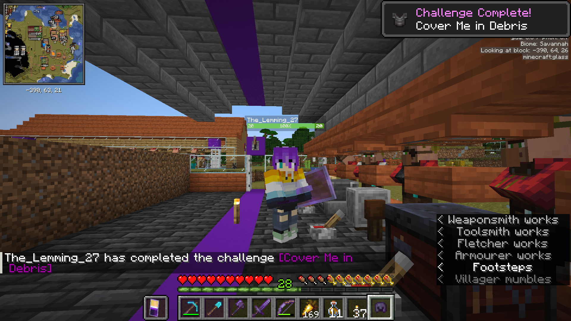 Master smith, and master of deception ;) A Minecraft player stands in a smithing villager trading hall. The player has a netherite helmet in their inventory and has just gained the "Cover Me in Debris" advancement.