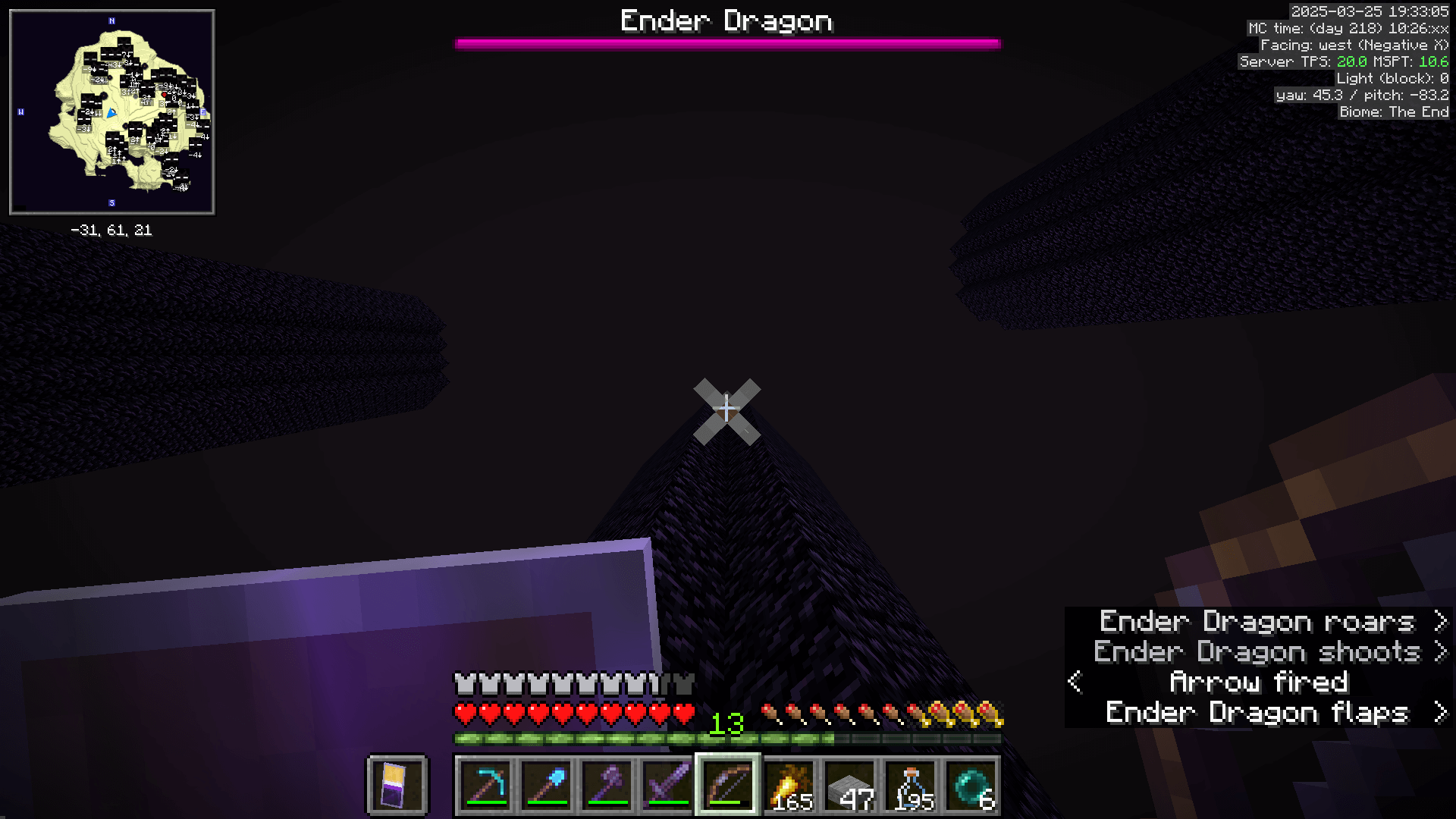 Shooting a caged ender crystal tower from below through the gap in the corner.