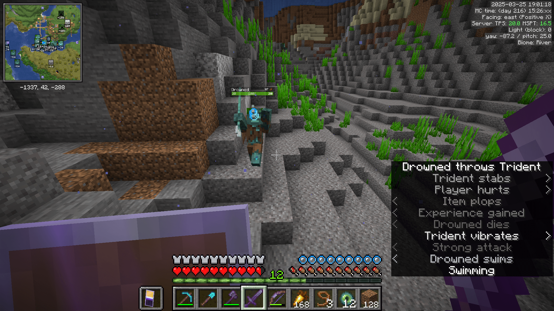 A Drowned with a trident at the bottom of a wide river.