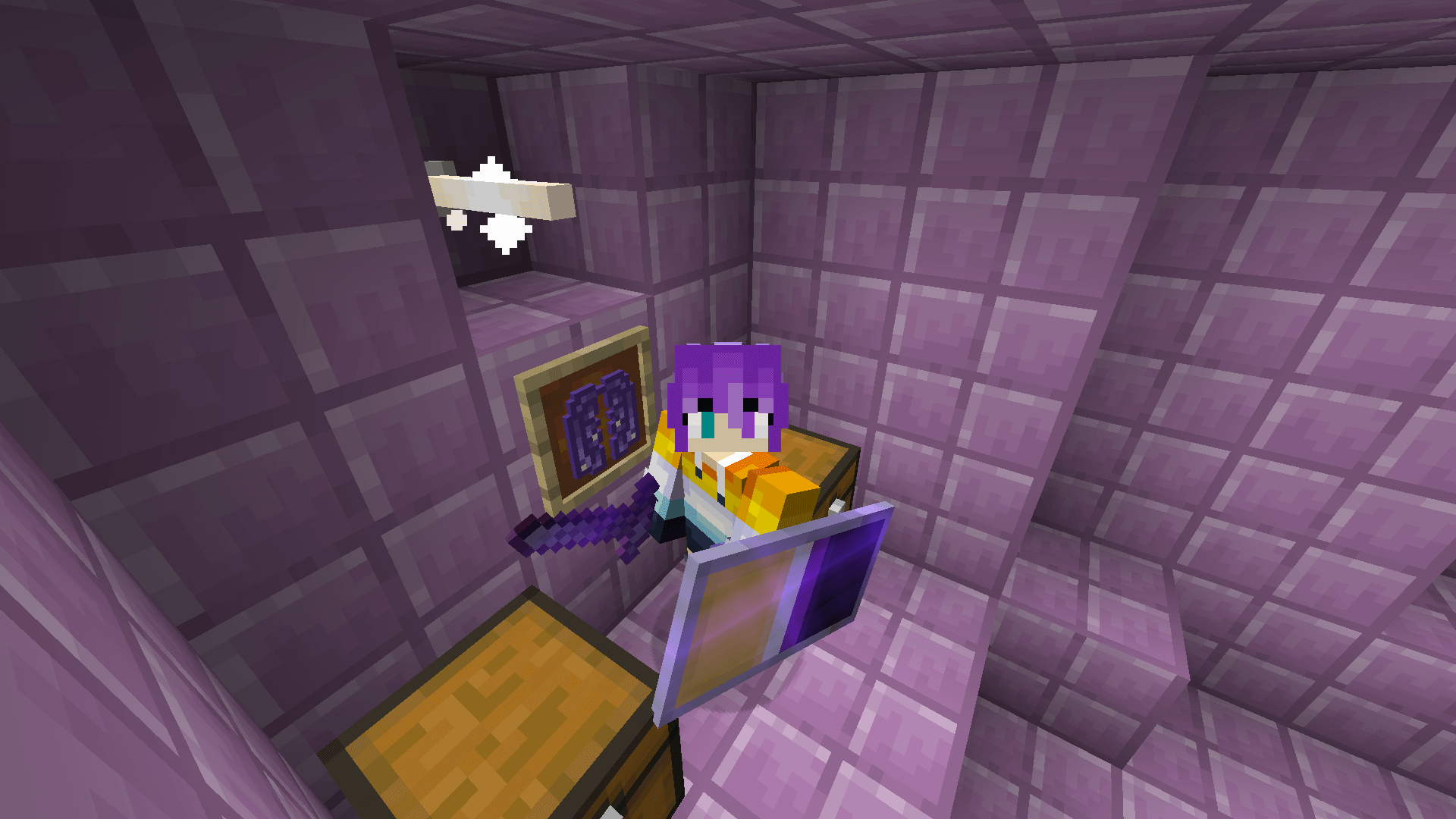 An elytra in an item frame. The item is retextured with an amethyst aesthestic.
