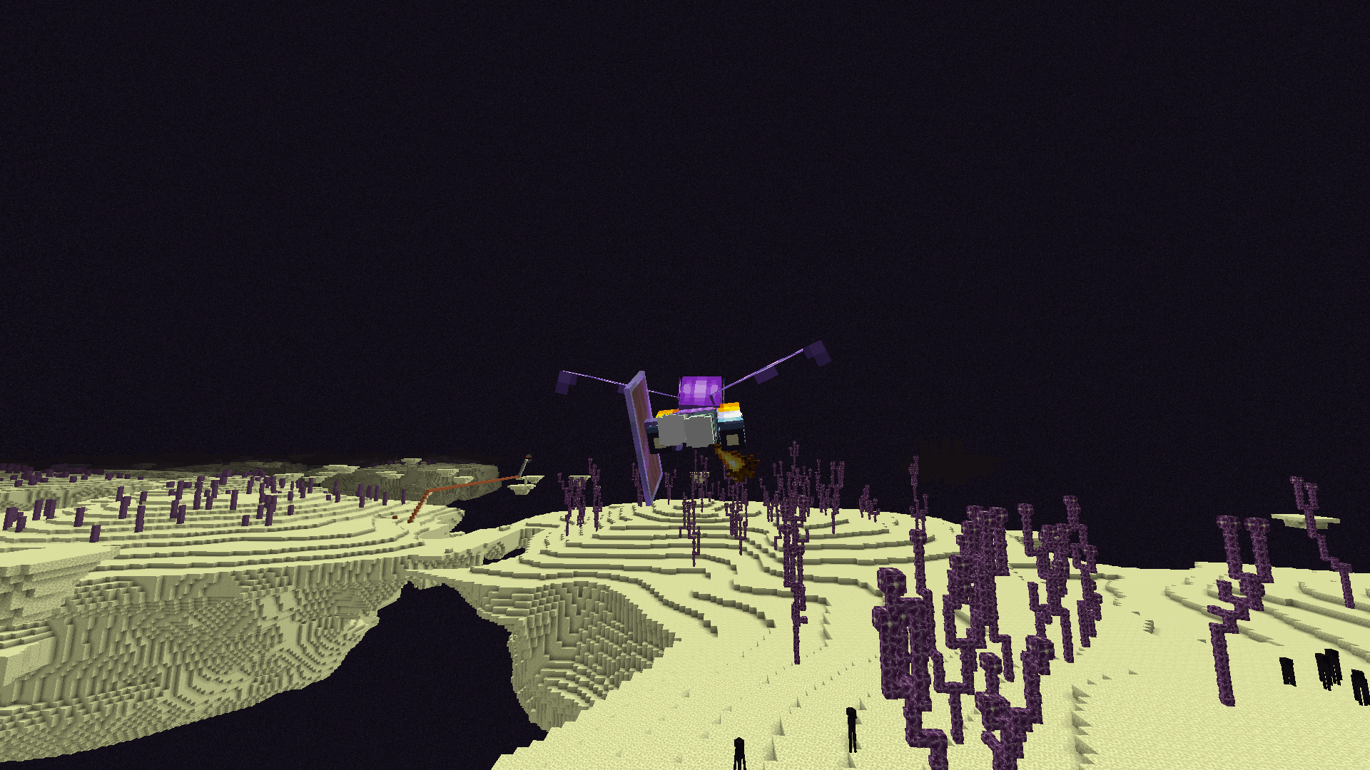 A Minecraft player flies over the outer end towards an end gateway in the distance.