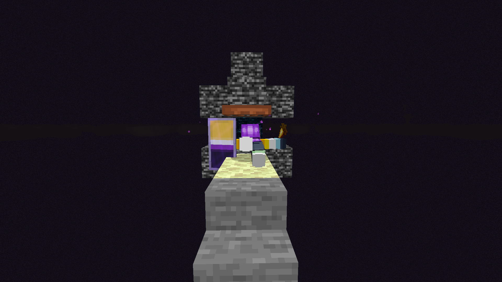 A Minecraft player crawls under a trapdoor into an end gateway.