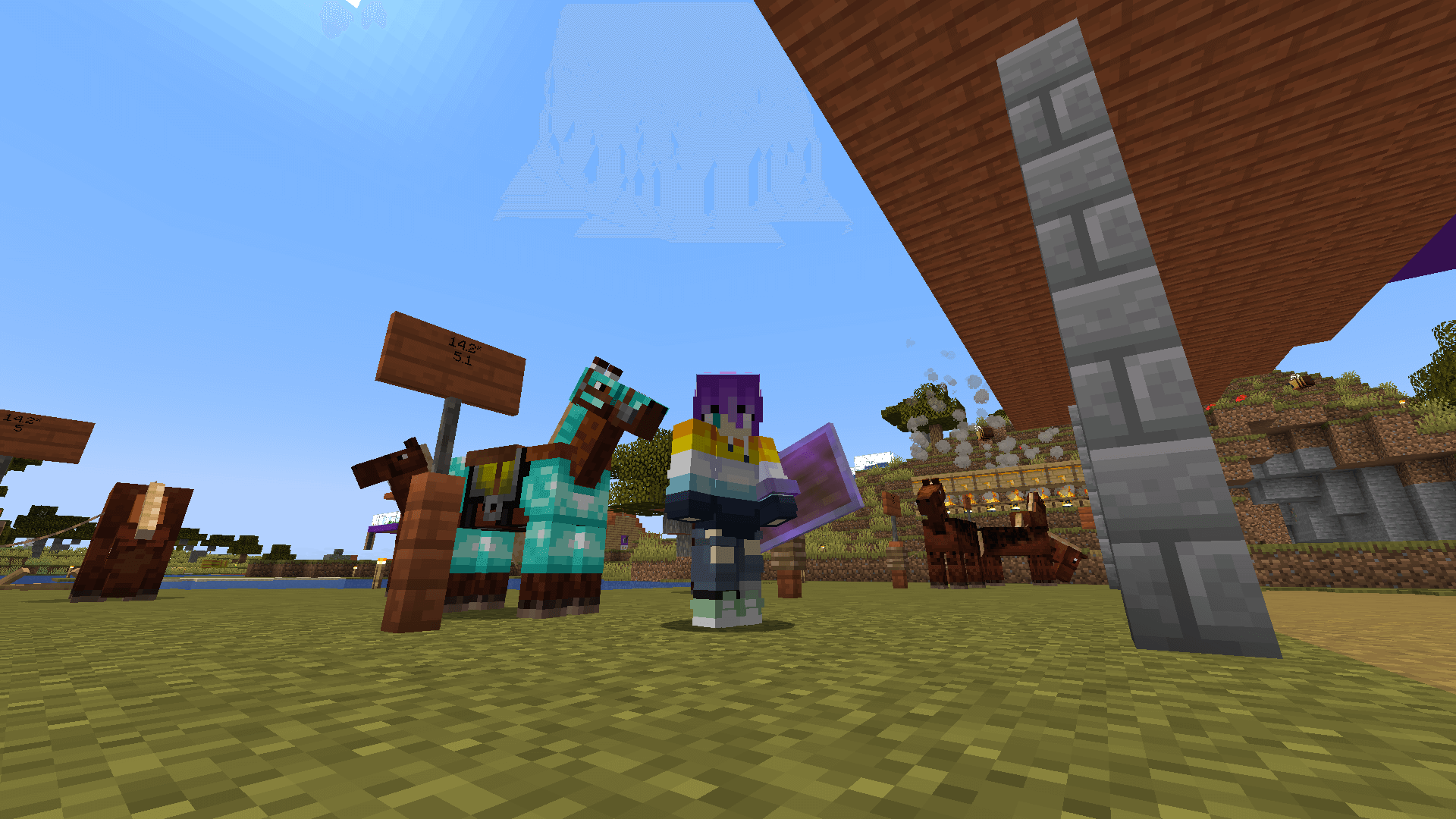 A Minecraft player stands in front of a diamond-armored horse, with a sign listing its stats as 14.2 speed and 5.1 jump.