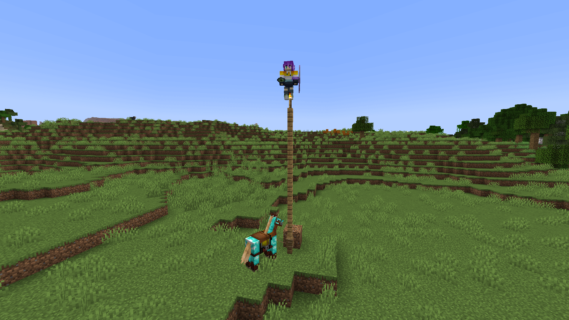 A Minecraft player stands on a pole made of fence posts, in a Plains biome, holding an eye of ender.