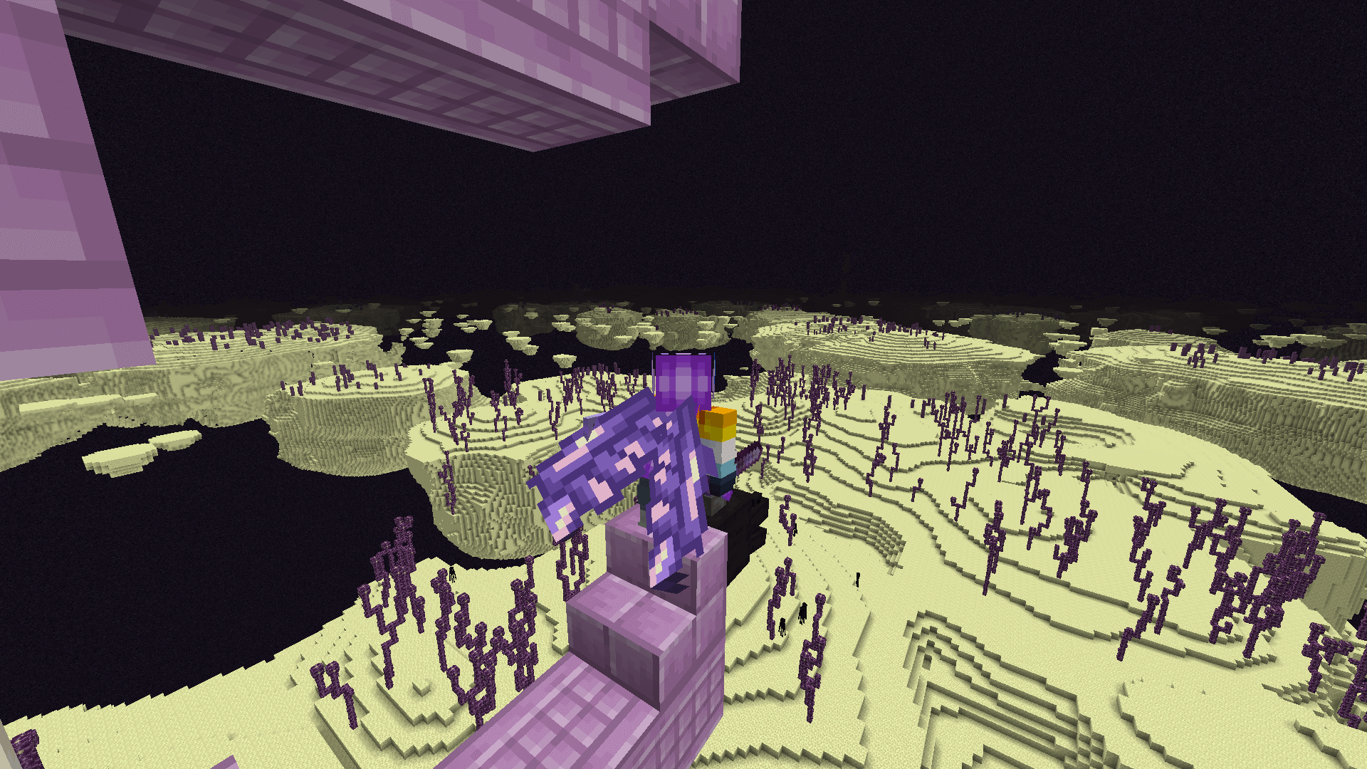 A Minecraft player stands at the front of an end ship wearing an amethyst-textured elytra.