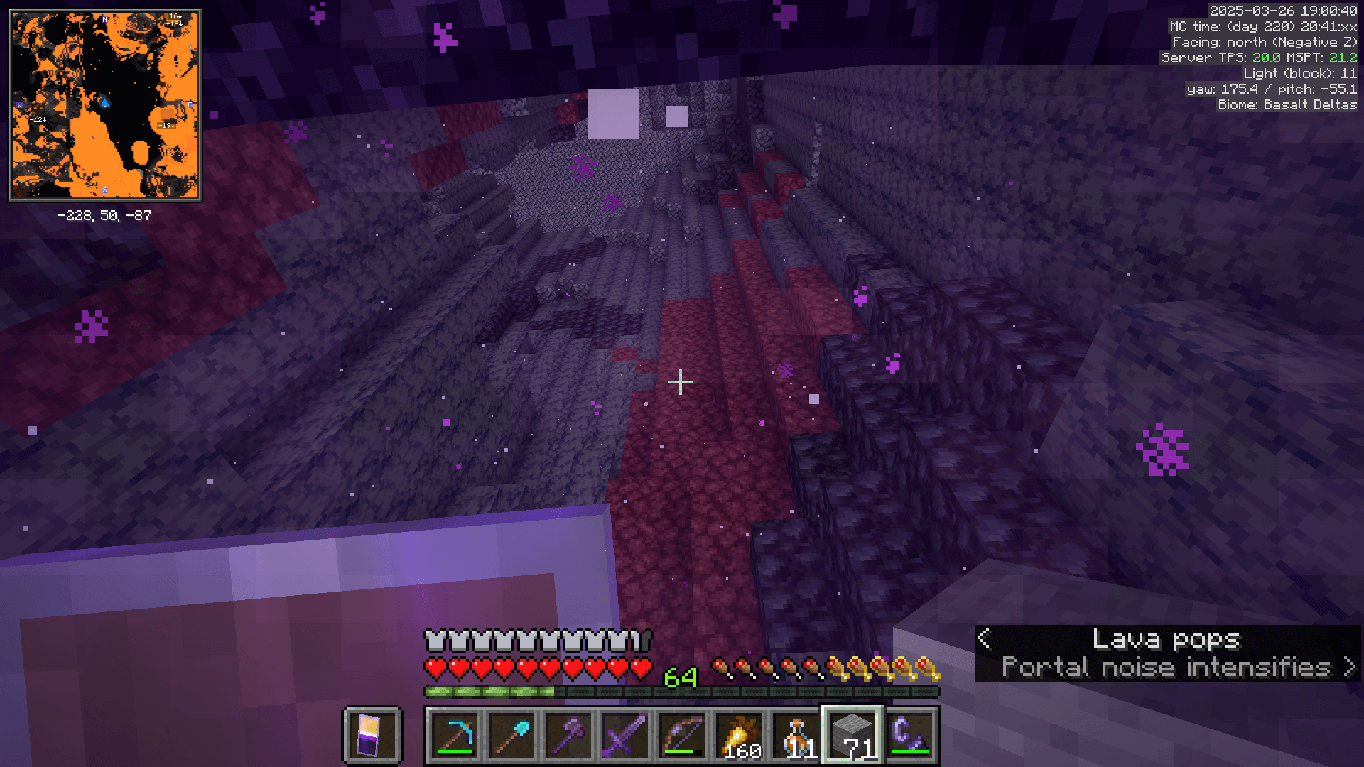 Certified no-fly zone. Looking up from a nether portal into a small space with a high ceiling in the basalt deltas biome.