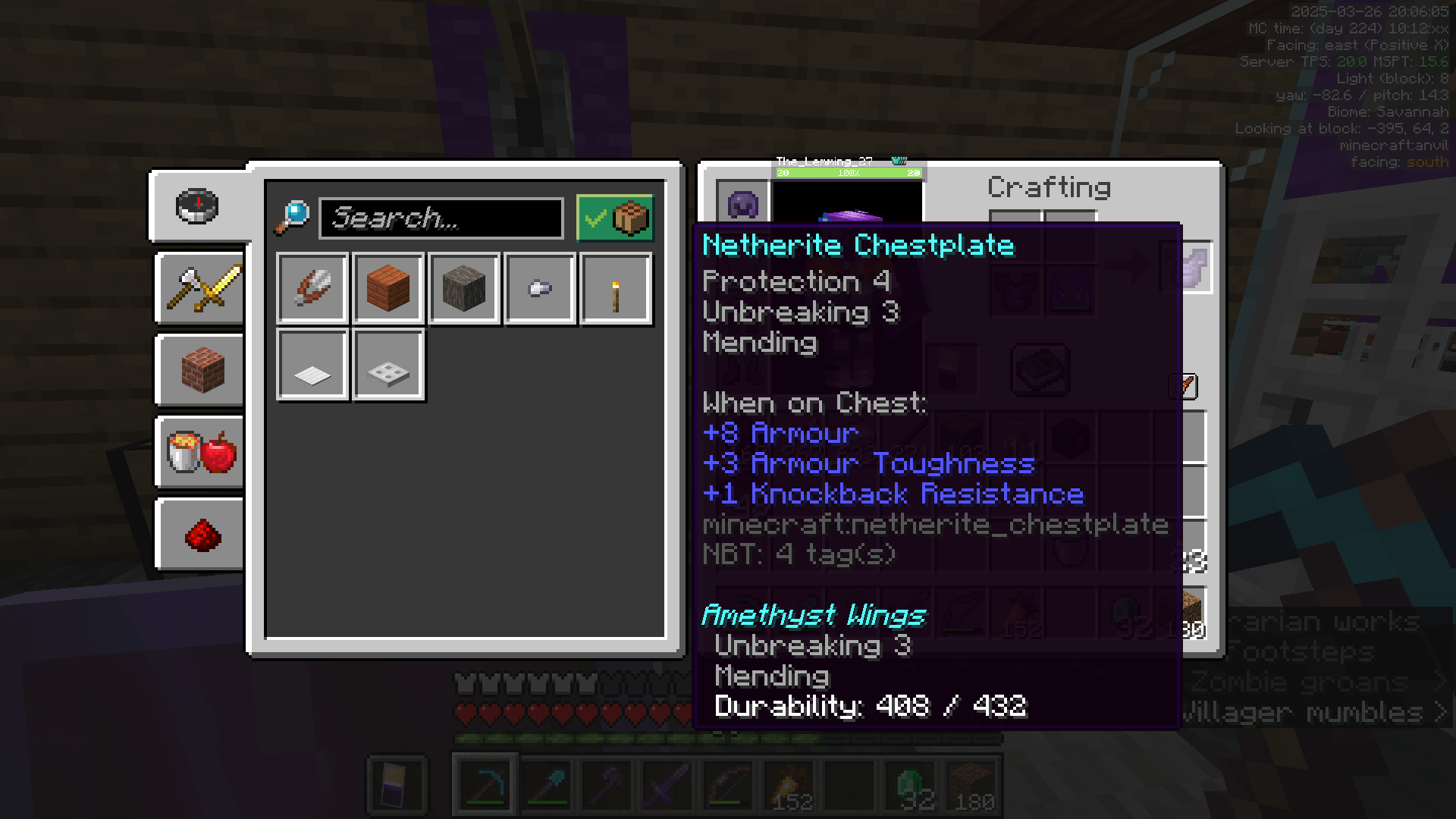 ADVANCED Minecraft progression. GUI showing a Netherite chestplate combined with Elytra via the Colytra mod.