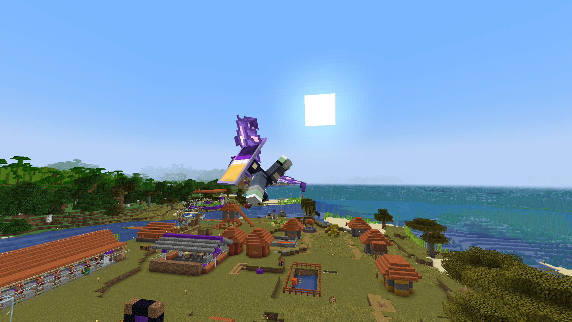 Get used to aerial pictures :P A Minecraft player flying over a village, with forests and the rising sun in the background.