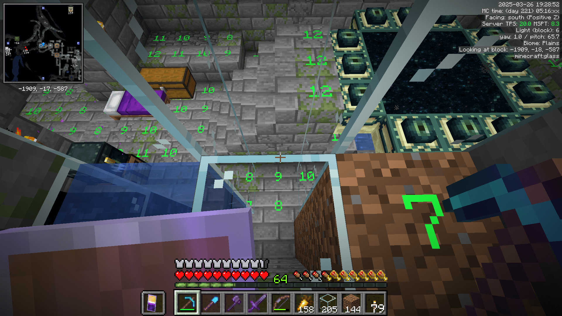 Going uuup! Looking at the end portal room from inside a glass tower. One side of the tower is filled with water.