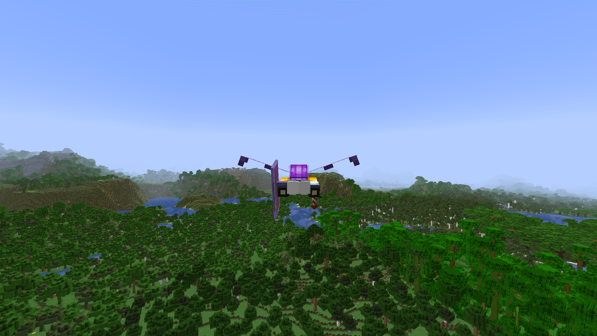 Not the most horsey friendly terrain! A Minecraft player flying over a large forest towards a hilly meadow region.
