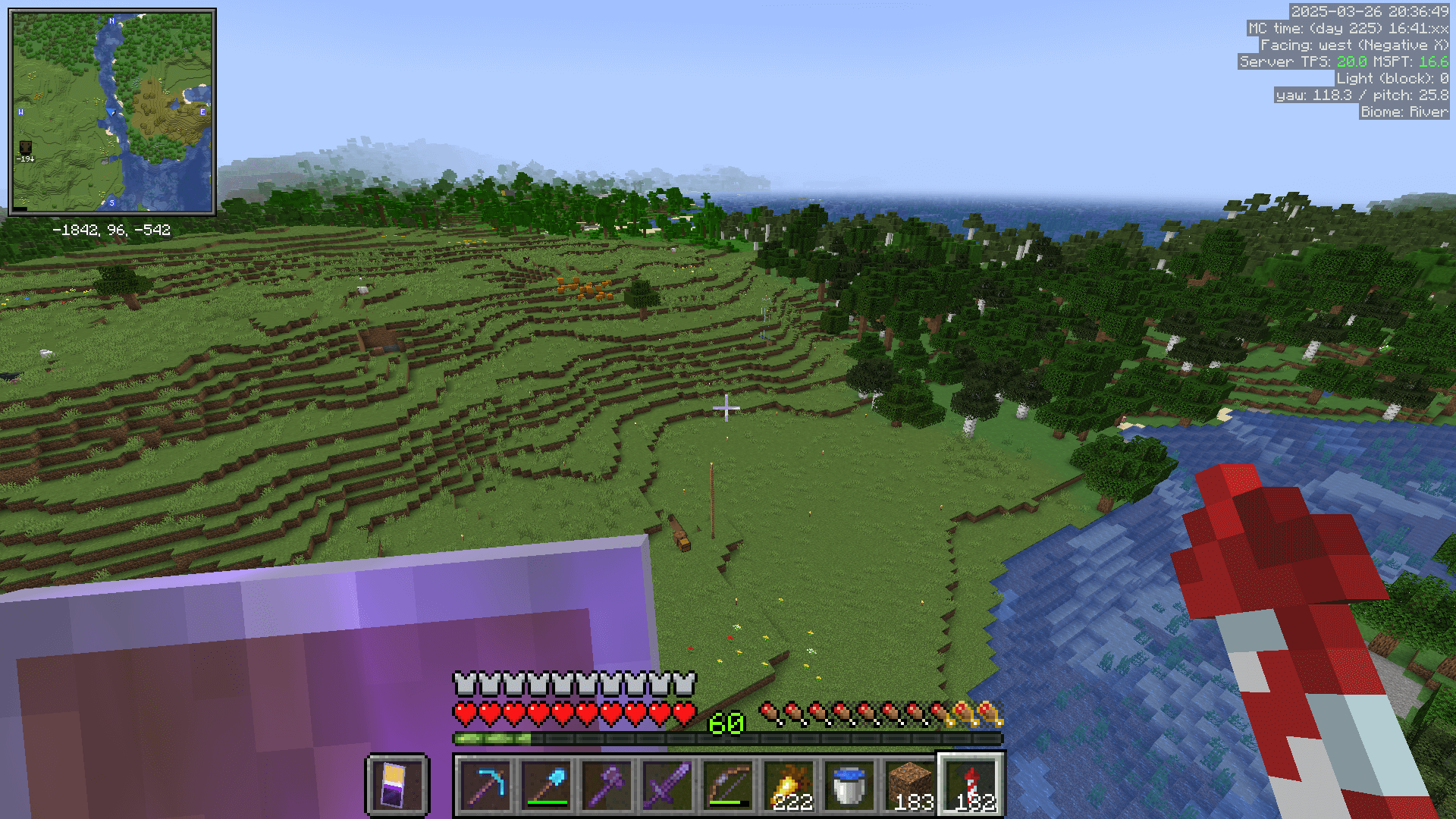 This spot is begging for a future base. Flying towards a plains region with forest and ocean beyond. Near the centre of view is a glass pillar with water at its base.