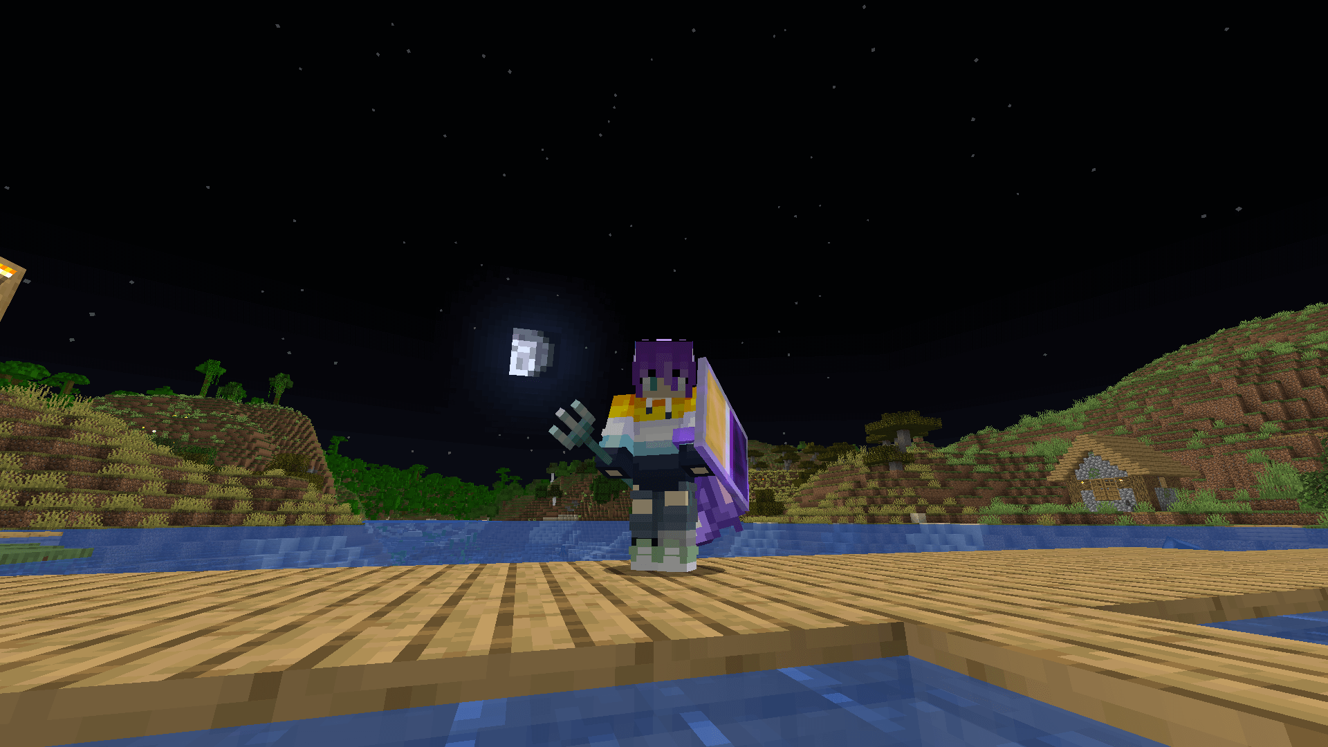 Ready to Channel my inner Impaler! A Minecraft player standing on an oak plank platform over a river, holding a trident, with the moon in the background.