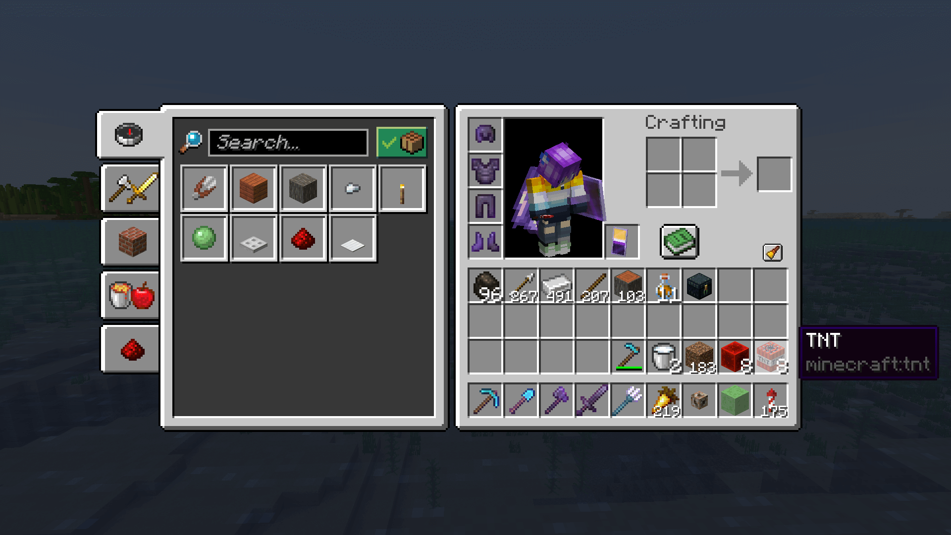 "Are you ready kids?" "AYE AYE, CAPTAIN!" A player inventory, featuring a trident, conduit, milk buckets, TNT, and redstone blocks.