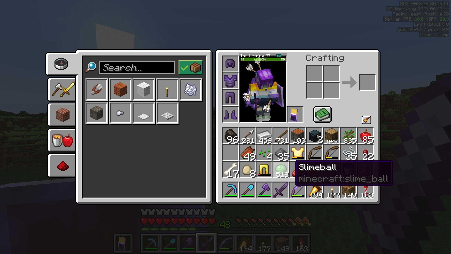 I could make SO MANY Jelly Patties with this. A player inventory, including 518 slimeballs and other assorted mob loot.