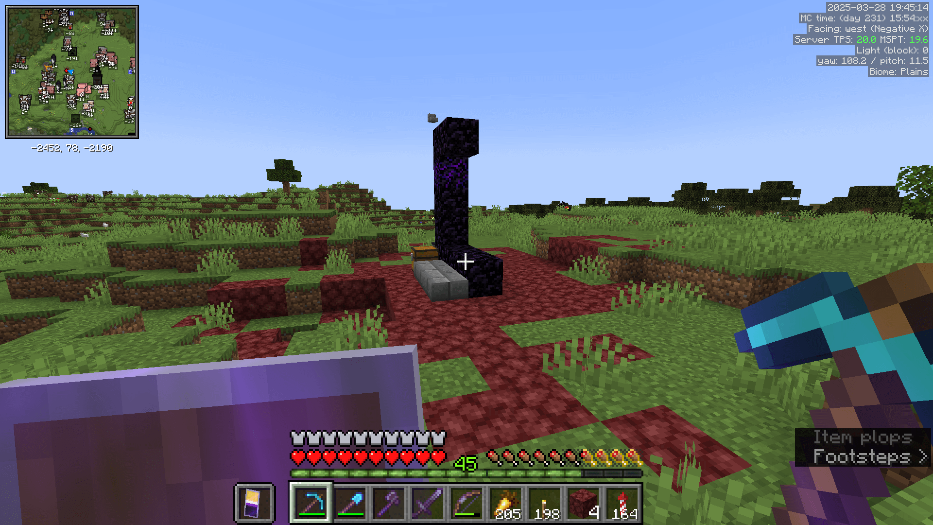 Welcome to Jellyfish Fields! A ruined portal in a plains biome, with a swamp in the background.