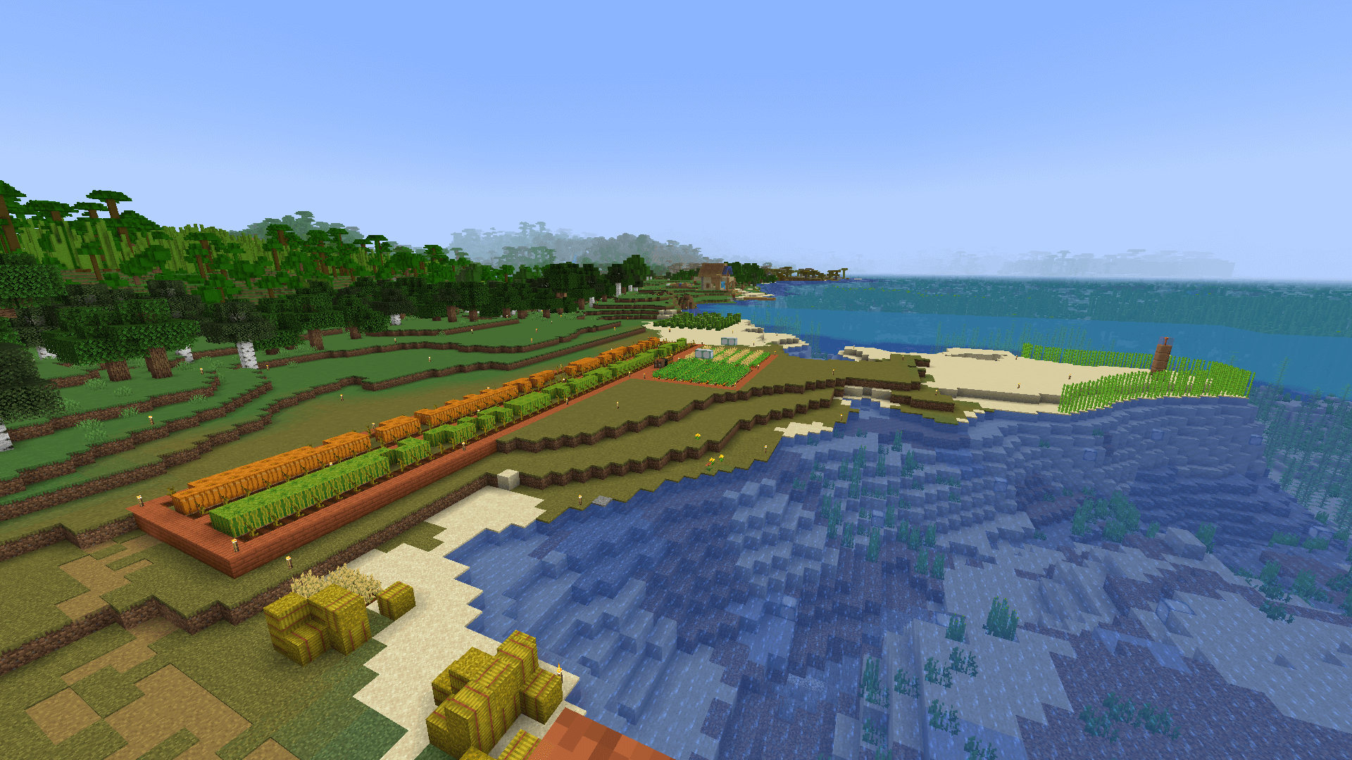 The same land, now with crop farms – pumpkin, melon, carrot/potato, and wheat/beetroot – bordered by acacia planks.
