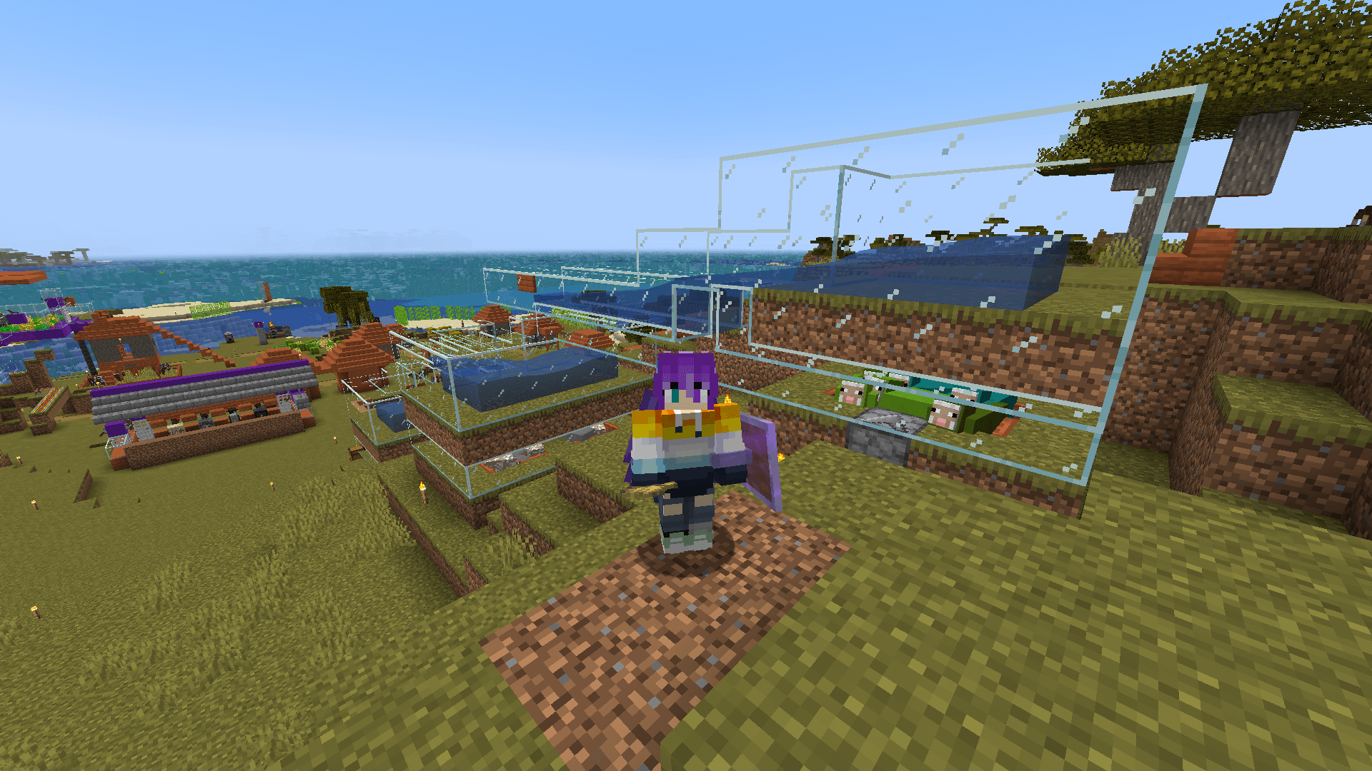 A Minecraft player stands in front of a multi-segment sheep farm.