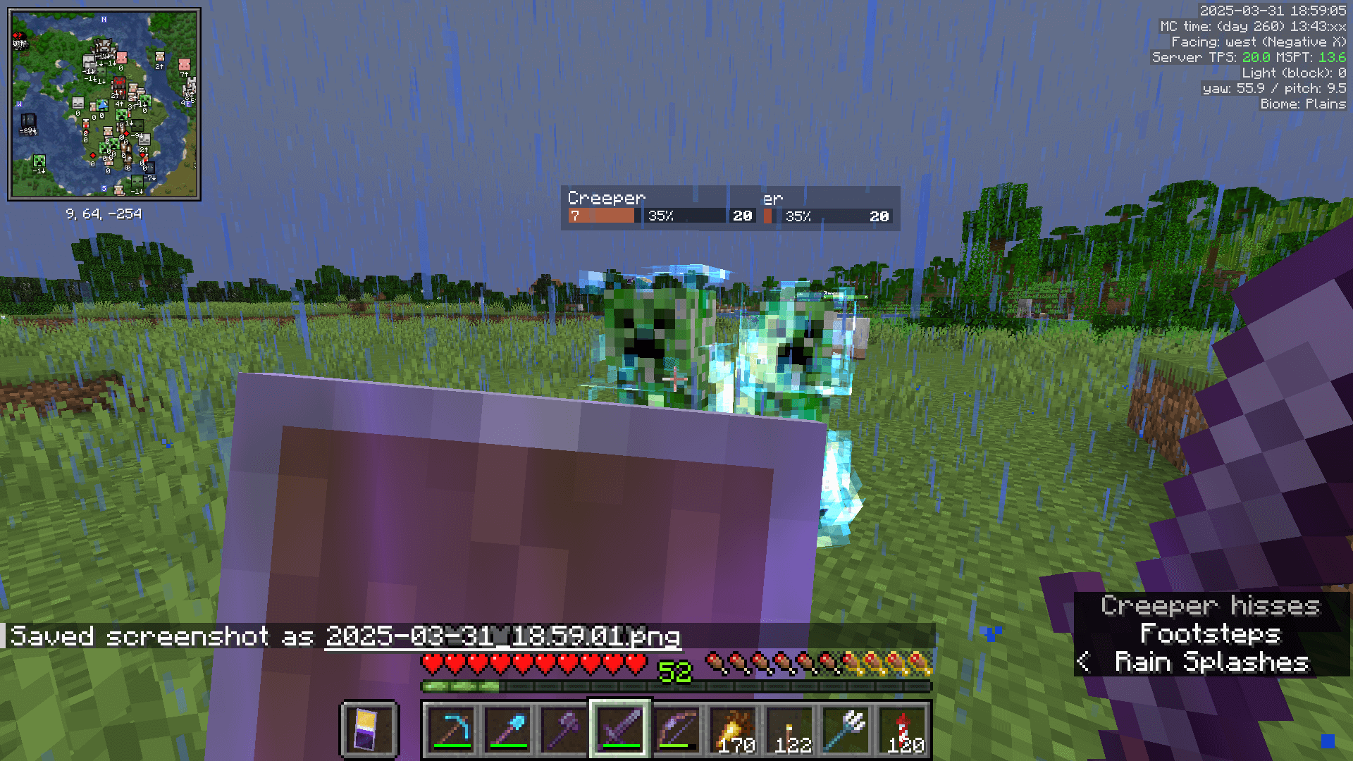 TAKE COVERRR! Holding up a shield while two charged creepers approach, in a rainy plains biome.
