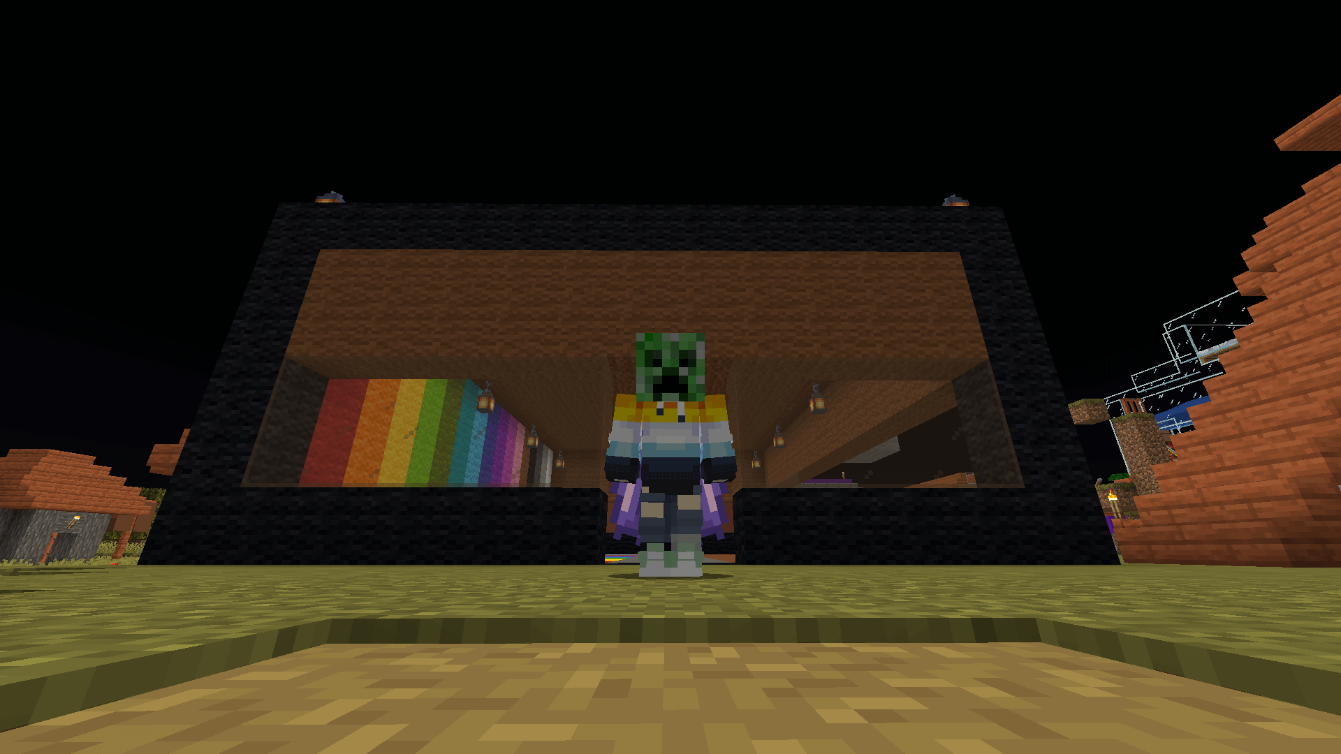 Nice storage you got there... be a ssshame if something happened to it D: A Minecraft player, wearing a creeper head, stands in front of a coloured wool structure.