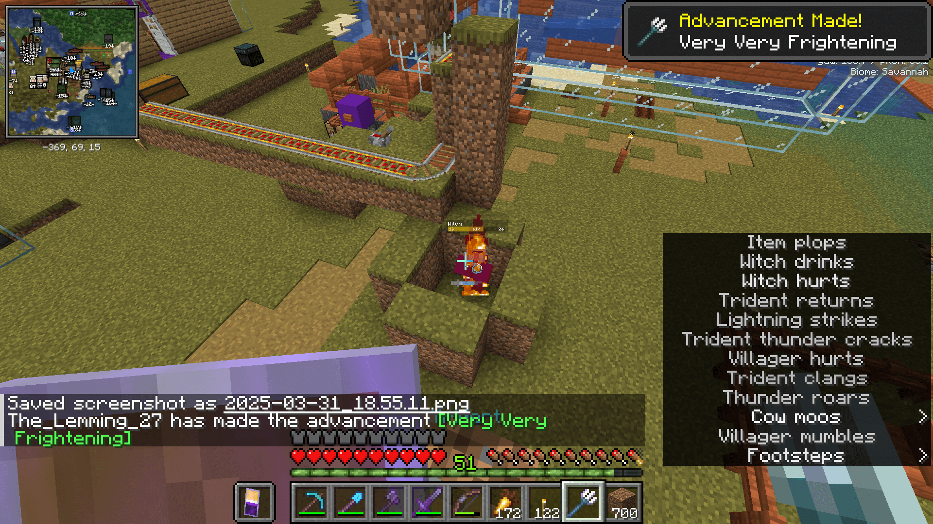 Pro tip; trident thunder works in dry and snowy biomes, even though lightning doesn't normally strike there! A witch, on fire, surrounded by dirt and grass blocks. The player has just gained the "Very Very Frightening" advancement.