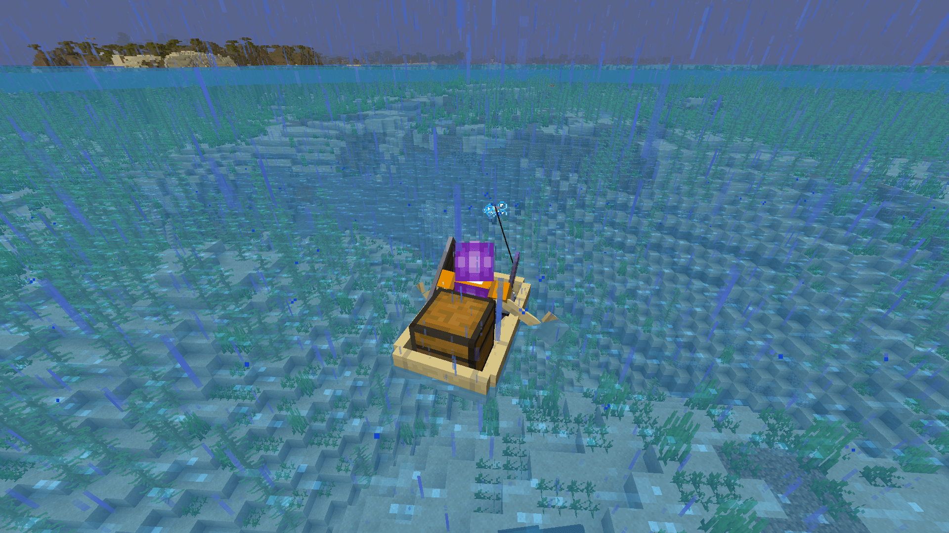 𝅘𝅥𝅮Enderman, take me by the hand, warp me to the land, that you understand𝅘𝅥𝅮 A Minecraft player in a chest-boat casting a fishing rod during rain.