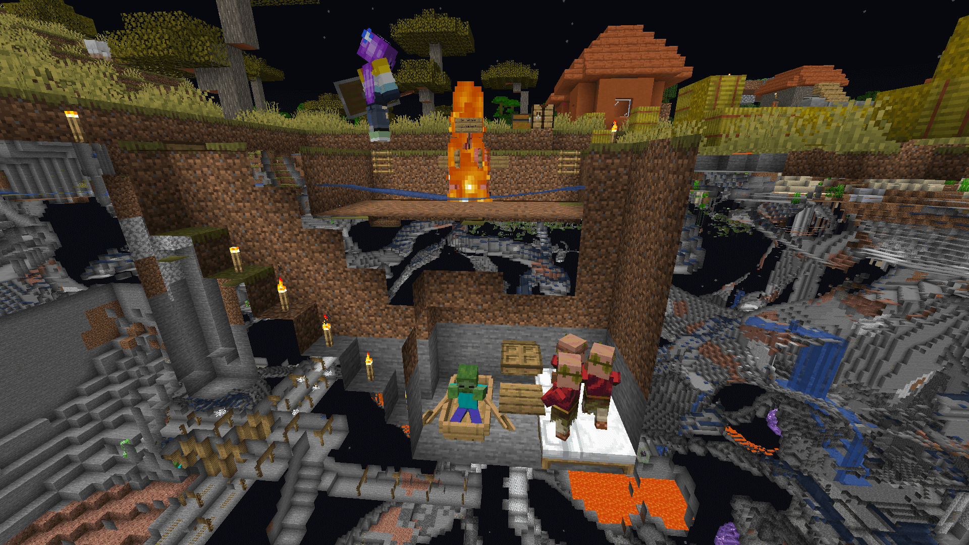 Ela's Lava Golem, it's... hey wait, we're not up to the movie episode yet! A cutaway view of three villagers and a zombie in an underground room. On the surface is a pool of water, wheree an iron golen burns in a suspended block of lava.