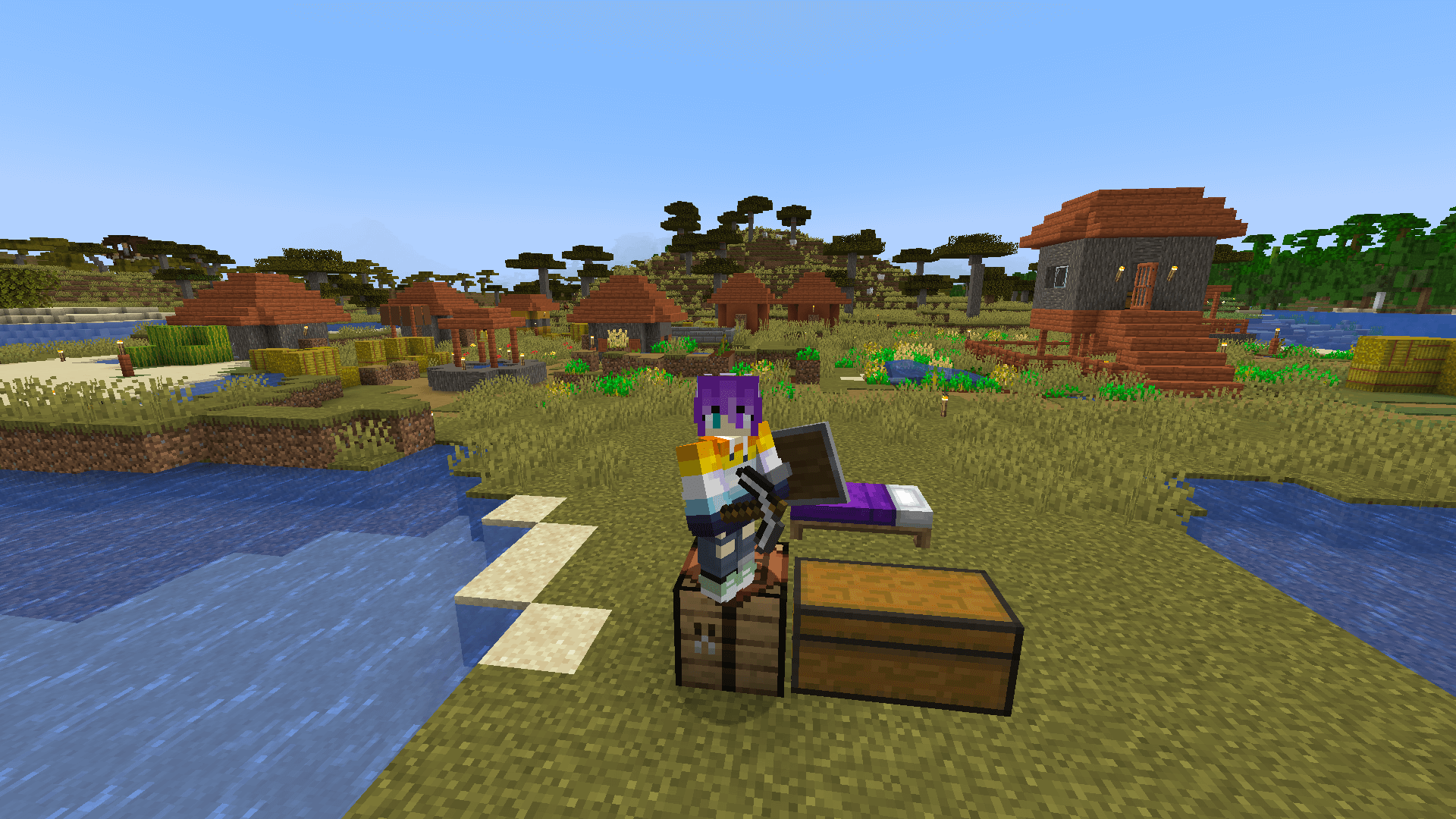 "Ela, why did you trap all the inhabitants inside their homes with dirt blocks??" "Safety!" A Minecraft player stands on a crafting table and chest, with a village in the background.