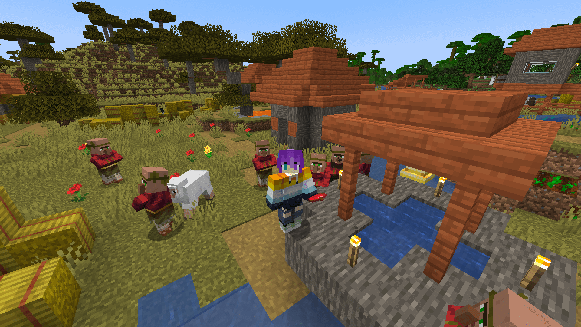 "Hrrm?" A Minecraft player stands at a village well, with several villagers gathered nearby.