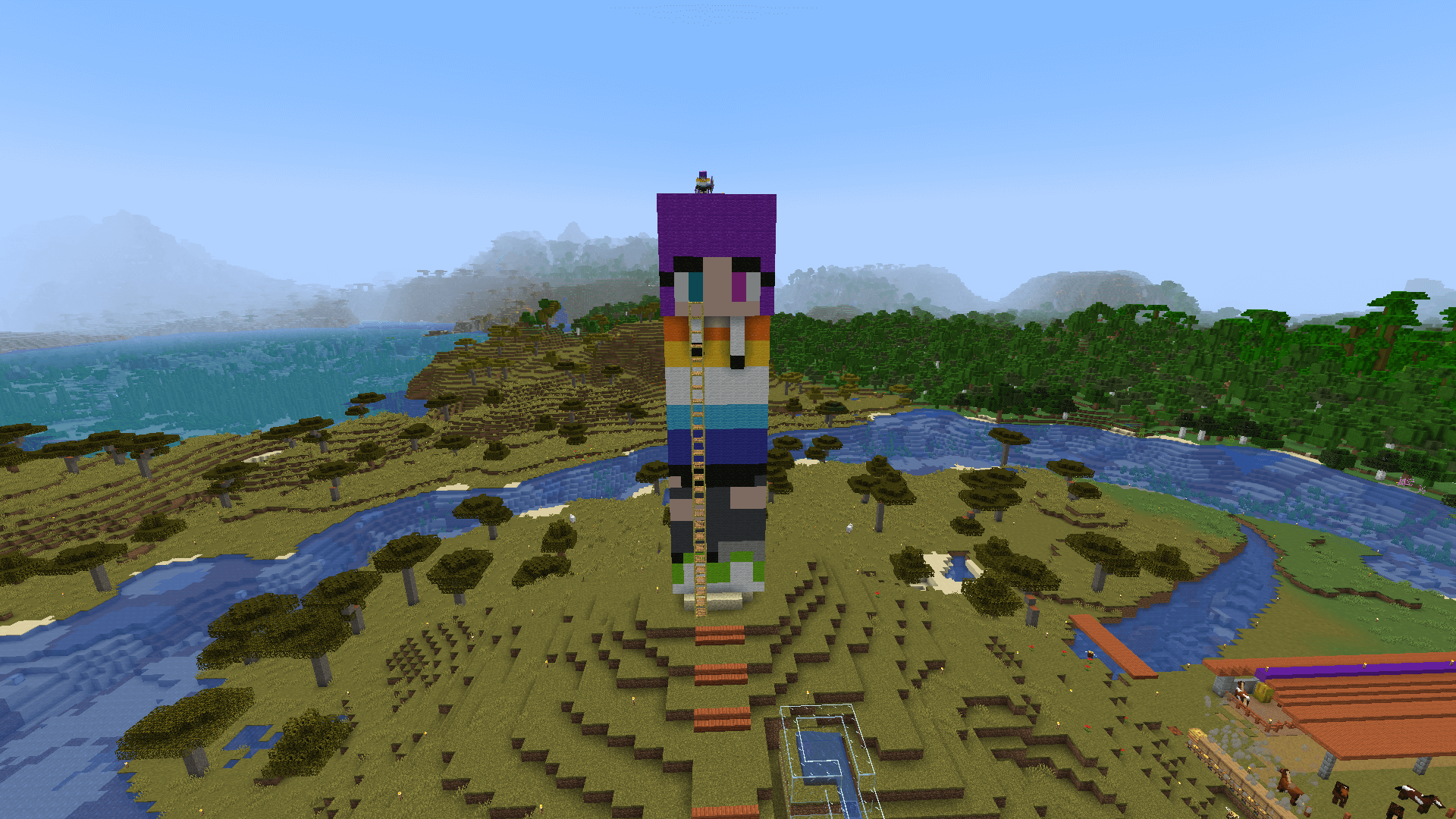 They said I seemed 'armless at first... A statue of a Minecraft character, without the arms. A tower of scaffolding runs up the front of the statue.