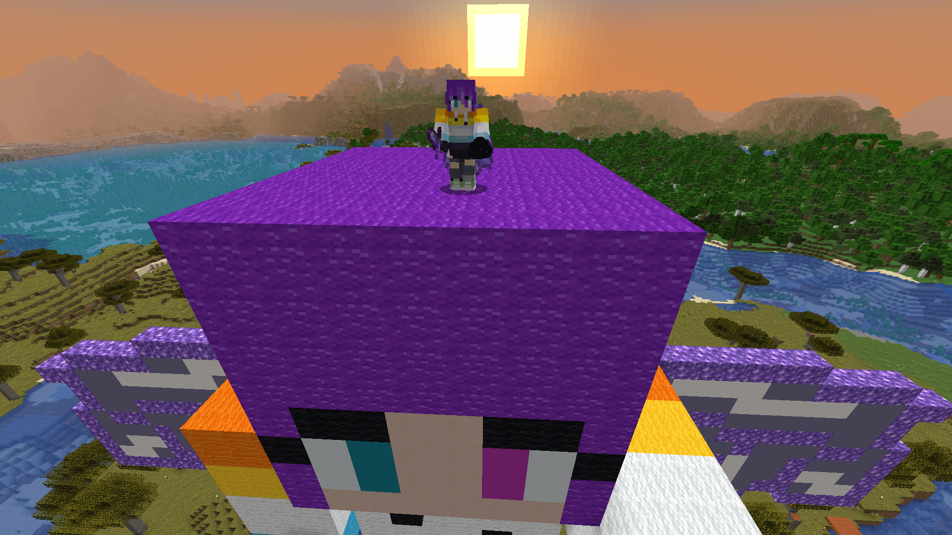 I'm on top of the world! Well, on top of myself. The character stands on top of their statue, with the sun setting in the background.