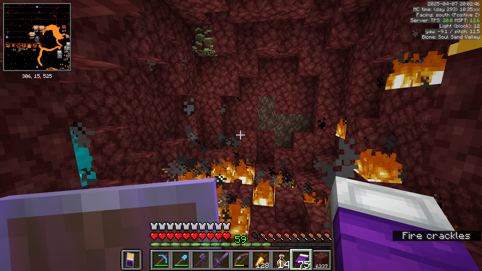 Buuut I still gotta bed up the whole place just to make sure :) An excavated area of netherrack and soul sand, with several fires on the floor and a piece of ancient debris on a high wall. The player is holding a stack of purple beds.