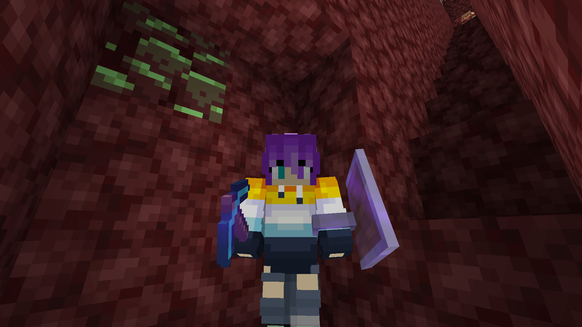 I'M NOT XRAYING I'M NOT XRAYING I'M NOT XRAYING I'M NOT A Minecraft player standing in front of an exposed block of ancient debris. A piglin looks on from the top of the netherrack staircase.