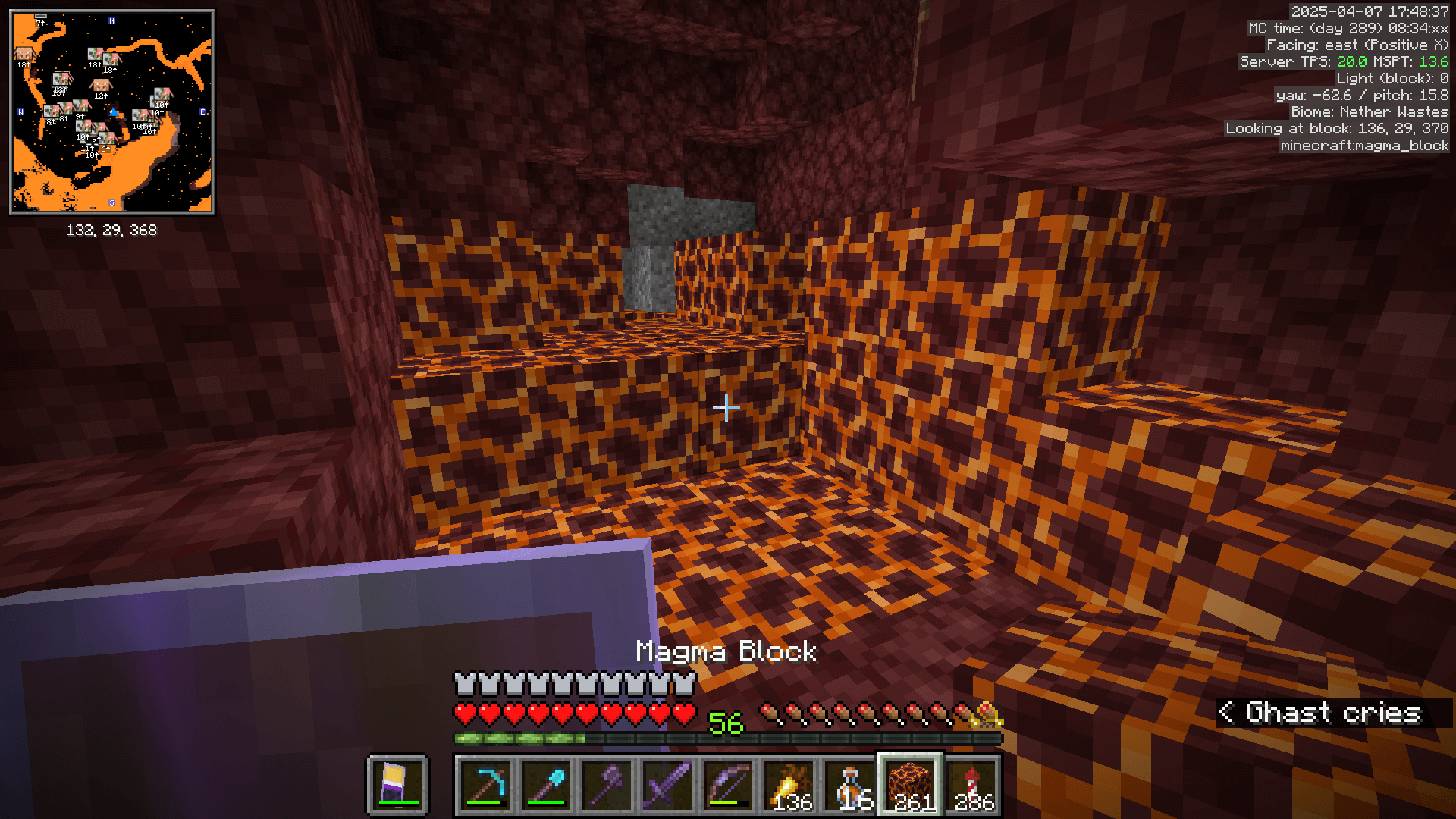 Sooo, that whole thing about how it's technically magma underground and lava above ground? Does that just not apply in the nether? An underground patch of magma surrounded by netherrack. The player is holding a stack of 261 magma blocks.
